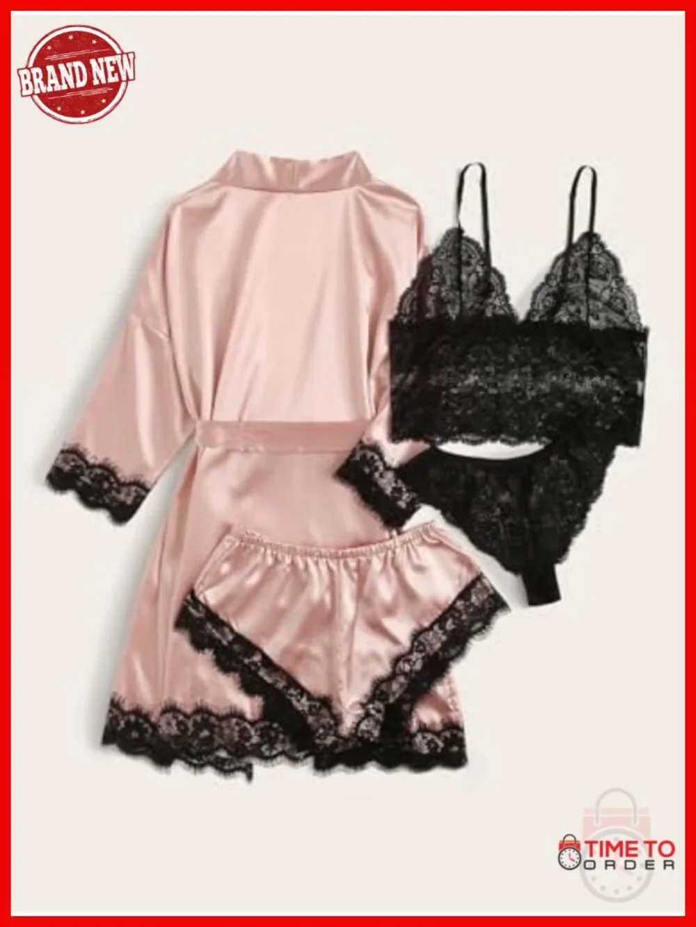 Silk Satin Pajama Set 4pcs Lingerie Cami Sleepwear with Lace Robe